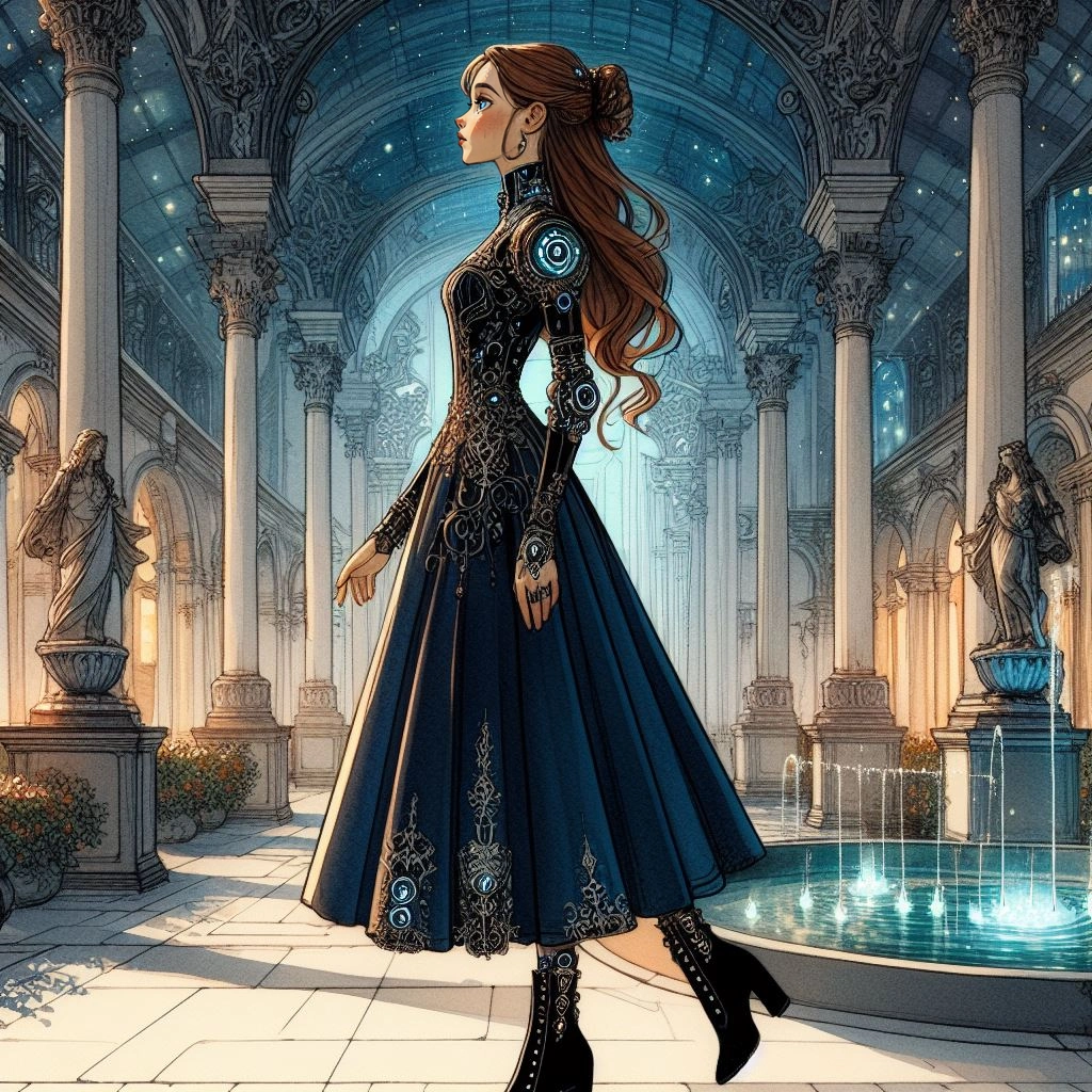 a young woman with long brown hair, high-tech baroque long, ankle-length, midnight blue dress and black ankle boots. She is standing, profile, in a high-tech art deco rococo courtyard with a fountain, and a few lights. It is night time. 