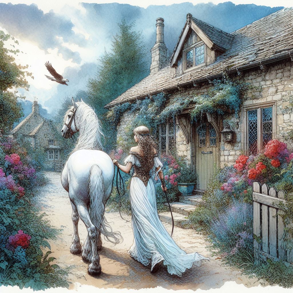 A woman in ancient attire leads a white horse to the front door of a small village house.