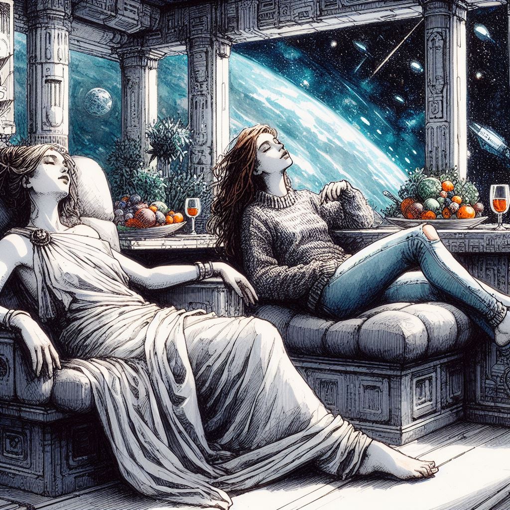 Two women relaxing after eating, with windows affording a view of the Earth below