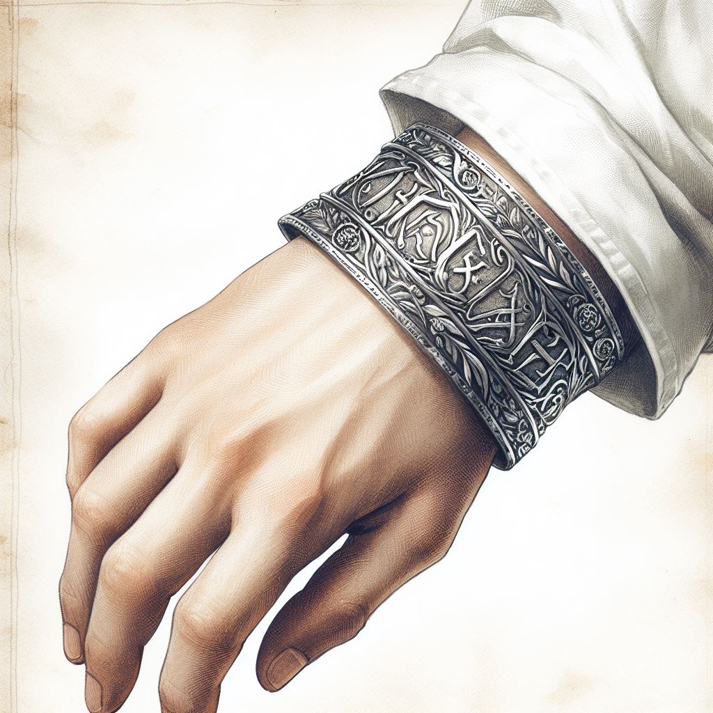 a silver engraved bracelet on a woman's wrist