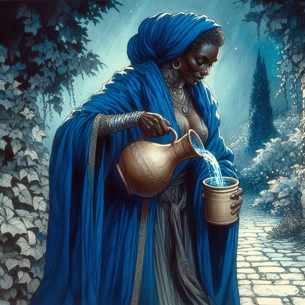 a black woman dressed in robes of royal blue pours water into a plain mug