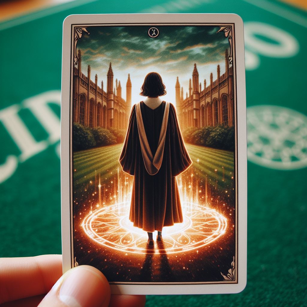 A tarot card showing the view from behind a young woman with dark hair, wearing an academical gown. She is standing in a glowing magic circle in the grounds of King's College, Cambridge, England. The card is resting on a green baize table.