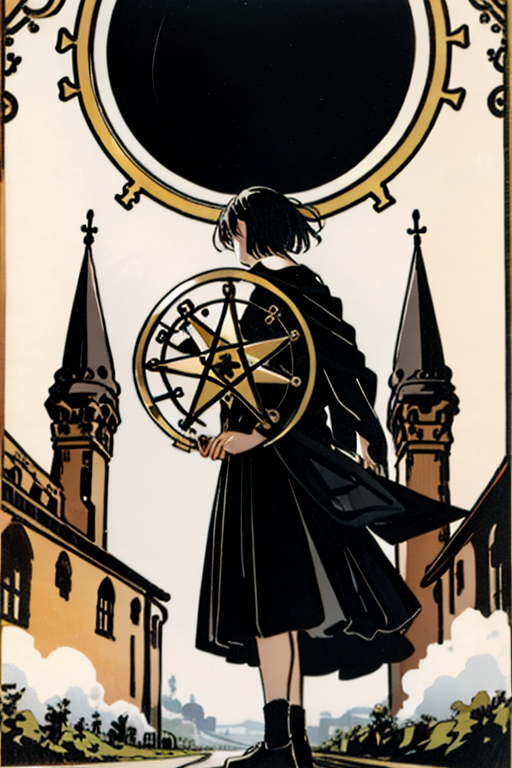 tarot card of an woman between towers and spires, and bwteen magical circles