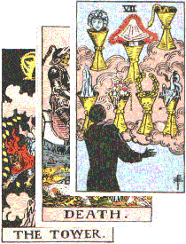 significator is the Tower, covered by Death, crossed by 7 of Cups
