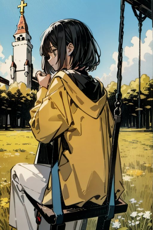 tarot card of a woman with black hair, sitting on a swing in a playground, profile, looking at a gothic church, grassy field, sunlight, surgical mask, jeans, shirt
