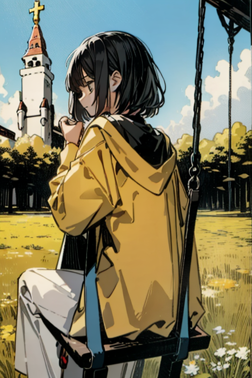 tarot card of a woman with black hair, sitting on a swing in a playground, profile, looking at a gothic church, grassy field, sunlight, beige raincoat with hood