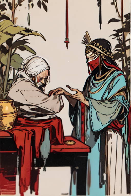 tarot card of an old woman consulting a veiled fortune teller