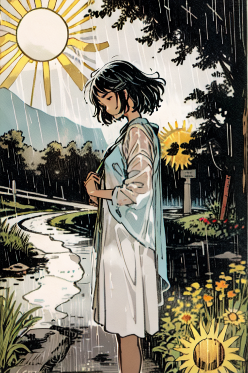 tarot card of a woman with black hair, standing by a river in a park.  Rain is falling, but the sun is shining.
