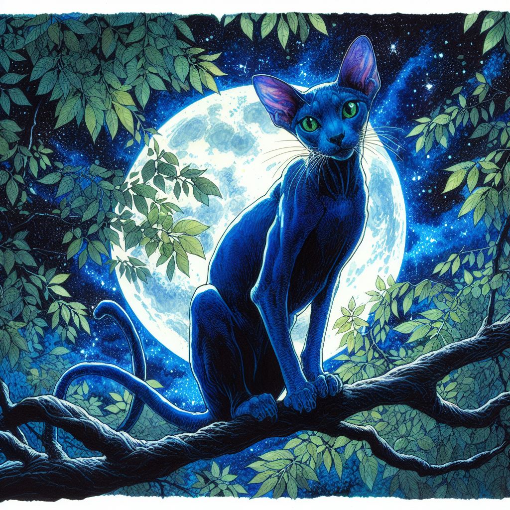 a blue oriental shorthair cat is sitting on a tree leafy branch looking down at the viewer