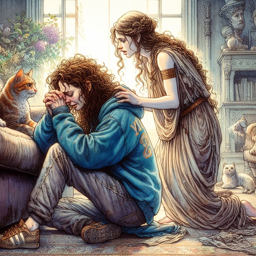A middle-aged English woman with curly brown hair, in sweatshirt and jeans kneels weeping in her living room. A young woman in ancient Greek garb comforts her. There are cats watching.