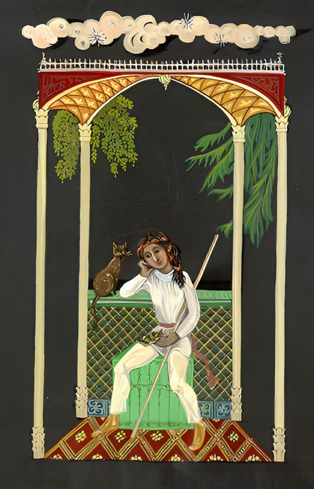 Cat as described above, but in white silk, with staff and cat, and holding a crown, sitting in a pavilion.